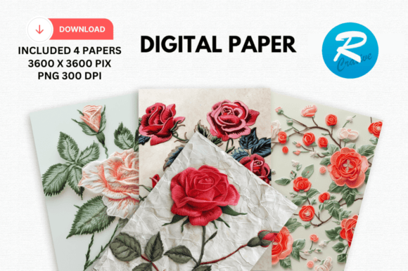 Rose Flower Embroidery Digital Paper PNG Review